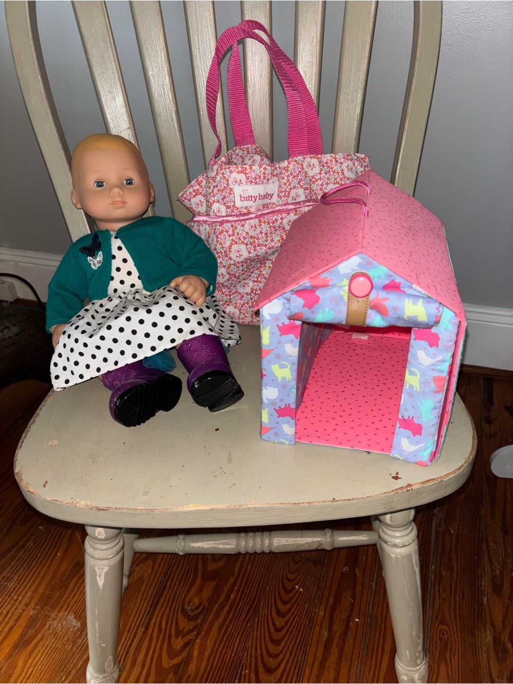 American Girl Bitty Baby Doll with Pink Floral Tote and Pink Printed Doll House